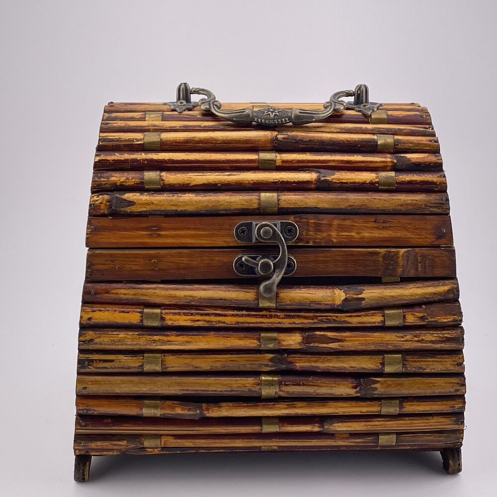 Vintage Bamboo Wooden Chest Trinket Box Rare Collectible Storage Box